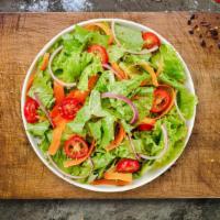 Greens Mixin' Salad · Iceberg lettuce, bell peppers, red onions, black olives, fresh Roma tomatoes, mozzarella che...
