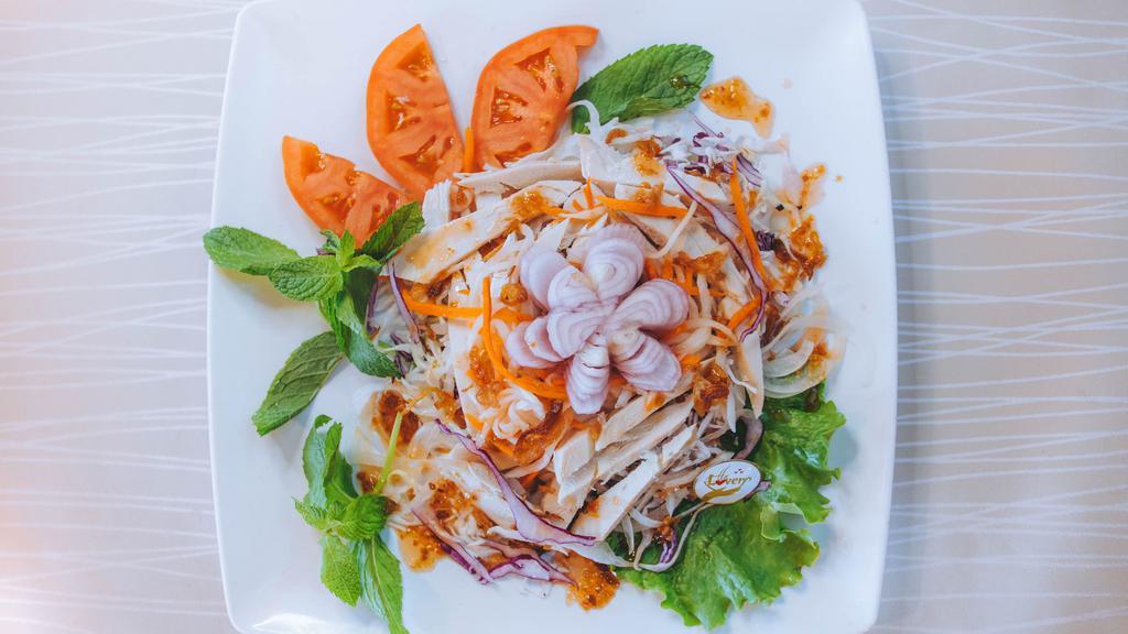 10. Grilled Chicken Salad · Grilled chicken, crispy noodle, lettuce, cucumber, bean sprout, carrot, tomatoes, daikon, onion with house dressing.