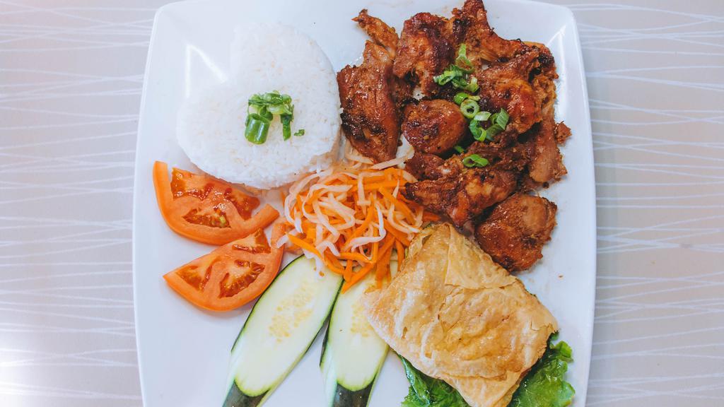 26. Cơm Gà Nướng & Tàu Hủ Ky · Grilled chicken, and fried shrimp cake served with steamed rice.