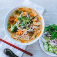 53. Bún Bò Huế Chay - Spicy Veggie Noodle Soup · Tofu, mushroom and vegetable cabbage, carrot, celery, and broccoli with thick vermicelli soup.
