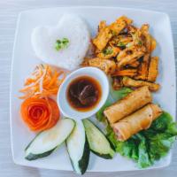 50. Cơm Chay - Veggie Rice Plate · Spicy & Crispy Lemongrass Tofu, Stir-fried Vegetable & Veggie Fried Rolls Over Steam Rice