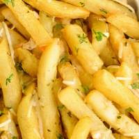 Garlic Parmesan Fries · Crinkle cut and loaded with Extra Virgin Olive Oil, Garlic & Parmesan cheese and a side of c...