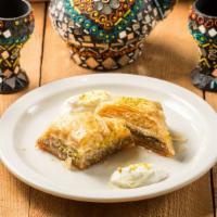 Baklava · Rich sweet layered pastry filled with nuts and sweetened with honey.