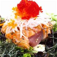 Korean Chirashi · Spicy. Sashimi salad with spicy sauce on the side.