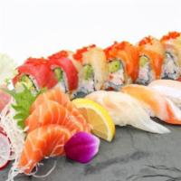 Sushi & Sashimi · 5 pieces sushi, 6 pieces sashimi, rainbow roll.