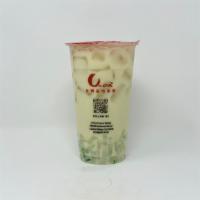 Dew Fizz · Green tea mixed with honeydew and milk with lychee jelly. (Lychee Jelly is included)