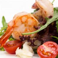 *Ensalada de Camarones - Shrimp Salad · pan fried garlic shrimp (5), crisp red bell peppers, pickled red onions, served on top of mi...