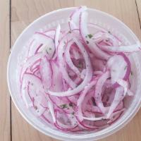 *Pickled Red Onions · thinly sliced red onions, apple cider vinegar.  (gluten free, vegan, vegetarian)