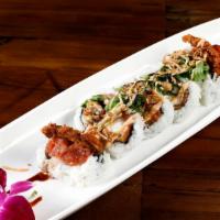 Crazy Spider Roll · Spicy tuna, mango, cucumber and deep fried soft crab with onion (mayo or eel sauce).