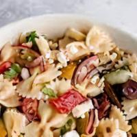 Greek Pasta Salad · Olives, red pepper, cilantro, balsamic vinegar, and spiraled organic pasta.