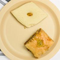 Baklava · Filo dough with nuts topped with sugar water.