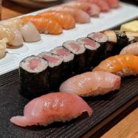 Nigiri Dinner · Tuna yellowtail, salmon, scallop, saba, unagi, tamago (one piece each) , tekka maki (six pie...