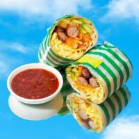 Chicken Sausage Breakfast Burrito · Eggs, chicken sausage, home fries, melted cheese, caramelized onions, avocado.