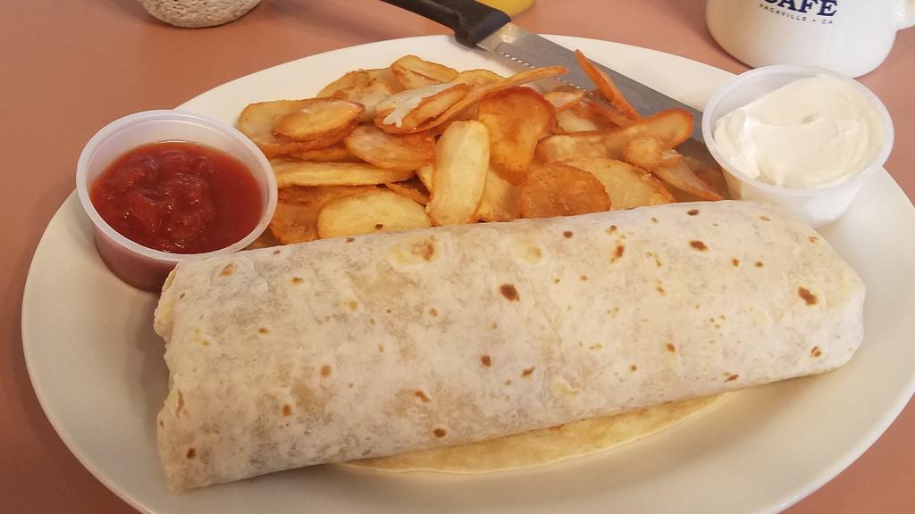 Breakfast Burrito · Your choice of one meat,  bacon, chorizo,  ham or sausage, filled in a flour tortilla with  fresh scrambled eggs, grilled onions, pepper jack cheese & served with country potatoes.