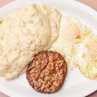 K & L Special · A large pattie sausage with two large  eggs  served with a hot biscuit  with  our homemade c...