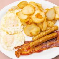 Cafe Combo · 2 strips of bacon,  2 sausage links, 2 eggs, country potatoes and toast.