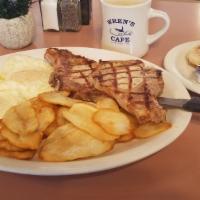 Pork Chops & Eggs · 2 center cut pork chops charbroiled  to perfection. 2 eggs, country potatoes & toast!