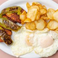 Spanish Chorizo & Eggs · 3  Chorizo link  fried with bell peppers, 2 eggs, country potatoes and toast.