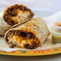 Burrito Ranchero · A burrito fit for a cowboy! Your choice of meat, cheese, beans, onions, cilantro, and a spec...