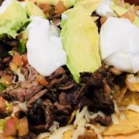 Super Nachos · Crispy chips with your choice of meat, melted cheese, refried beans, sour cream, avocado, an...