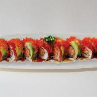 Sushi Girl · In: spicy imitation crab out: tuna, avocado, tobiko, spicy mayo, unagi sauce.