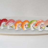 Rainbow · In: imitation crab, avocado out: assorted raw fish, avocado.