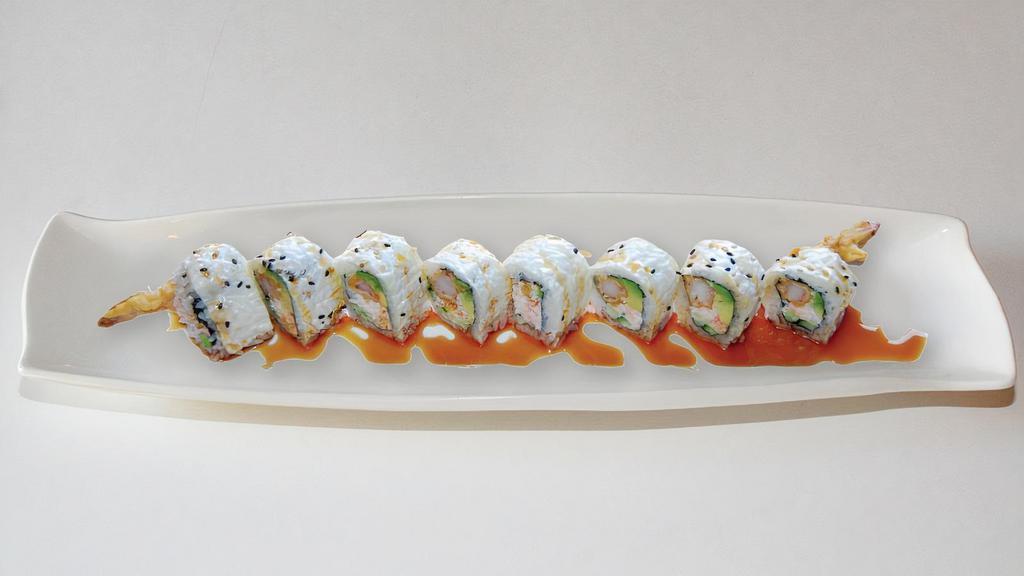 Banzai · In: shrimp tempura, imitation crab, cucumber, avocado, seaweed out: unagi sauce, mayo, wrapped in mame nori.