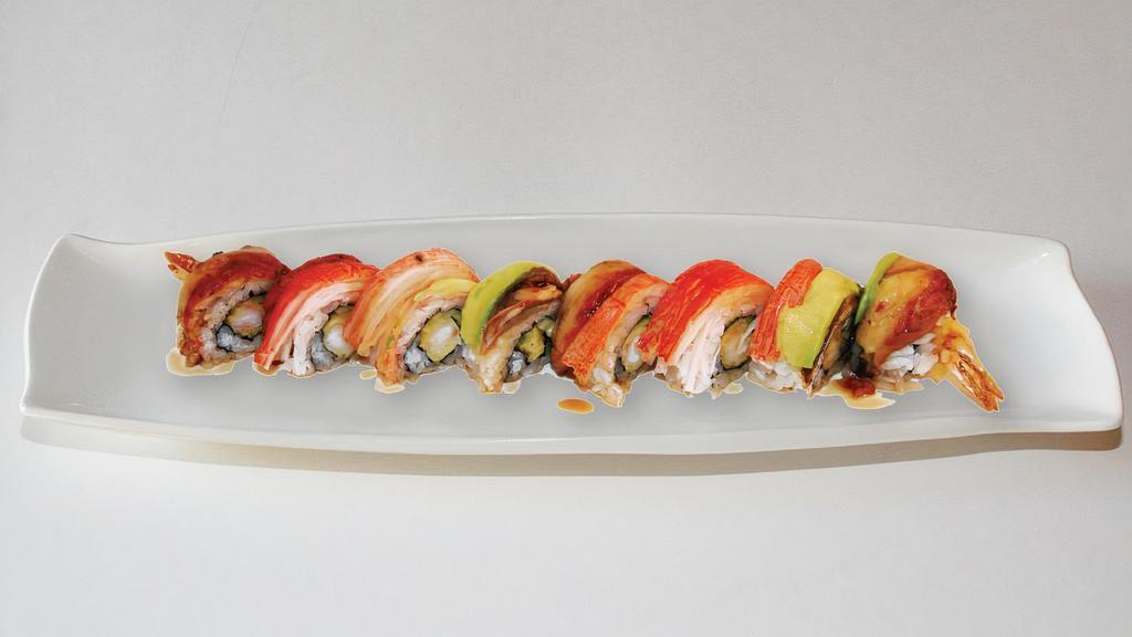 Dragon Roll · In: shrimp tempura, cucumber out: cooked eel, imitation crab, avocado, unagi sauce.