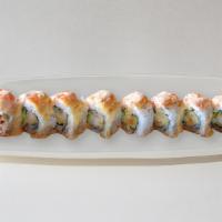 Spicy 007 Roll · In: shrimp tempura, cucumber, spicy imitation crab, avocado out: cooked shrimp, spicy sauce.