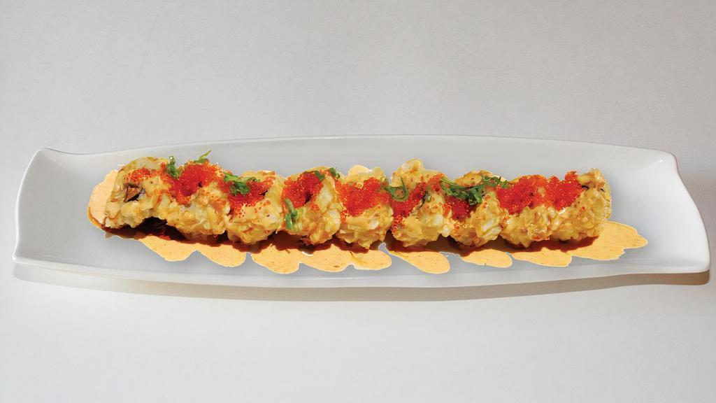 Godzilla Roll · In: deep fried spicy tuna out: tobiko, special sauce.