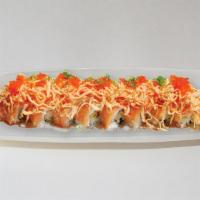 Chuck Norris · In: shrimp tempura, out: salmon, spicy imitation crab, unagi sauce, spicy mayo.