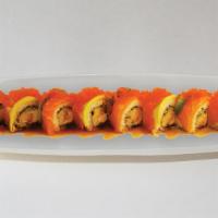 Bruce Lee Roll · In: shrimp tempura, cream cheese, cucumber out: avocado, salmon, tobiko, unagi.