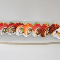 Bugs Bunny · In: deep fried soft shell crab, cucumber, out: salmon, white tuna, cooked eel, avocado, unag...
