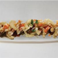 Forever Roll  · In: inside shrimp tempura cucumber spicy tuna out: tuna salmon and deep fried onion unagi sa...