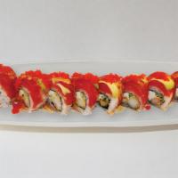 Jung Il Poon Roll · In: shrimp tempura, cream cheese, cucumber out: spicy tuna, tuna, avocado, special house sau...