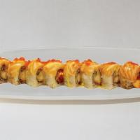 Kawa Roll · In: shrimp tempura, spicy tuna, cucumber out: salmon, tobiko, sweet mustard sauce, unagi sau...