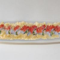 Tri Crunch · In: shrimp tempura, cucumber, out: spicy tuna with crunch, spicy mayo.