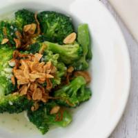 Garlic Broccoli · Broccoli tossed in a wok with garlic, topped with fried garlic and fried onions lemongrass t...