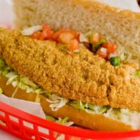 Fried Fish Po' Boy · Fresh crispy fried flaky fish, lettuce and tomato on a fresh French roll, served with your c...