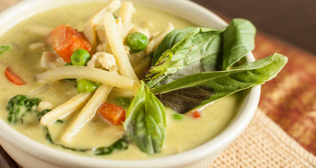 Green Curry (A La Carte) · Bamboo shoot, bell pepper, pea, basil in green curry.