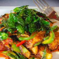 Spicy Catfish · Deep-fried de-boned catfish sautéed with bell pepper in red chili paste, topped with crispy ...