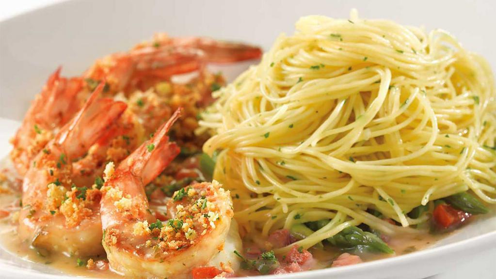 Skinnylicious® Lemon-Garlic Shrimp · Sauteed Shrimp, Basil, Tomato and Lemon-Garlic Sauce. Served with Asparagus and Angel Hair Pasta