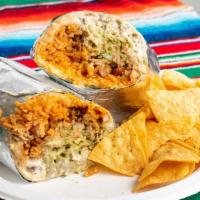 Super Burrito · W/ cheese, guacamole, sour cream, rice & beans salsa.