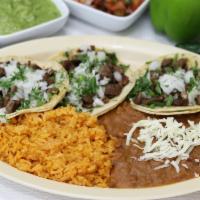 3 Soft Taco Combo · with onions, cilantro, salsa, rice and beans