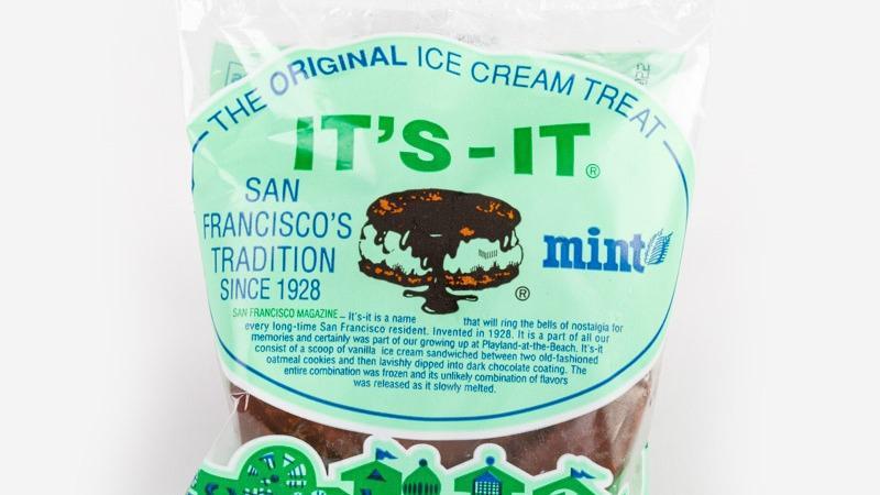 Mint It's It · A large scoop of mint ice cream, sandwiched between two old-fashioned oatmeal cookies, and dipped in dark chocolate