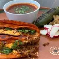 Quesabirrias  · Double tortilla marinade on red sauce crispy, include: cheese ,consommé, onion, cilantro, re...