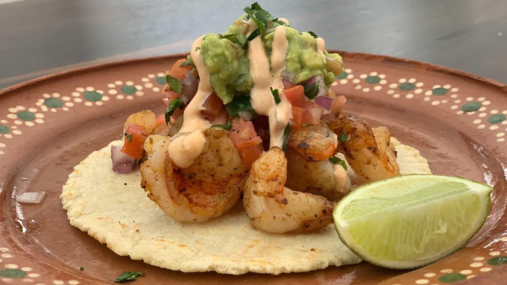 Tacos de Shrimp · hand-made tortilla, shrimp, pico de gallo, guacamole and chipotle mayo