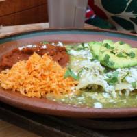 Enchiladas Verdes - Chicken · 3  green chicken enchiladas Include: rice & choice of beans, refried beans, black beans, pin...