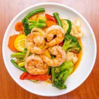 Prawns with Lobster Sauce · Mild spicy. Sauteed prawns with mixed vegetables in mild garlic lobster sauce.