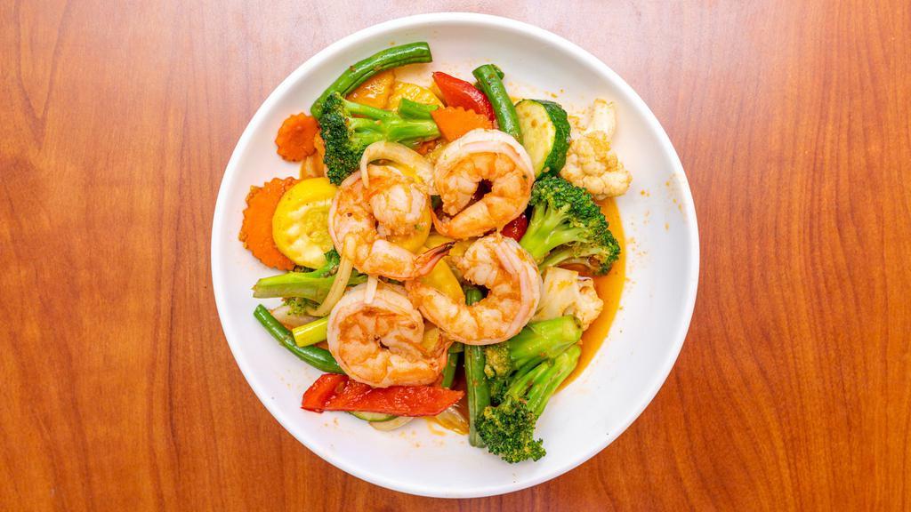 Prawns with Lobster Sauce · Mild spicy. Sauteed prawns with mixed vegetables in mild garlic lobster sauce.